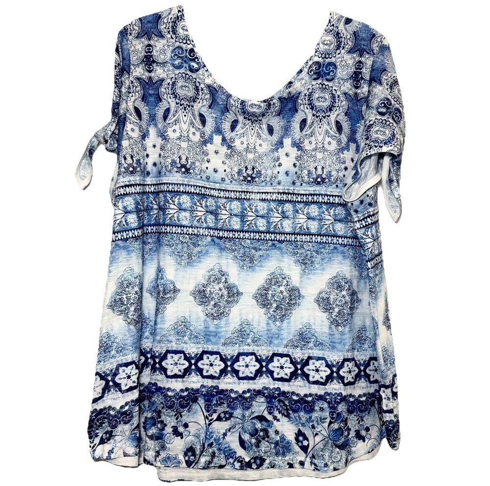Time & Tru 3X Boho Blue White Porcelain Print Tunic Tie Sleeve Top Cobalt Combo